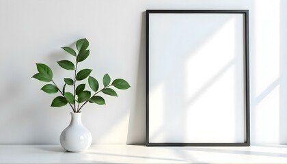 A white vase with green leaves on a white shelf, with a black framed empty wall art display next to it