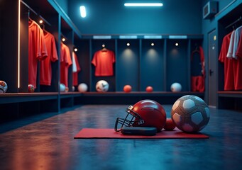 Locker room showcasing sports gear and equipment in a dimly lit environment with vibrant colors