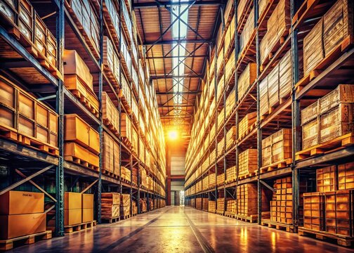 Vintage Style Warehouse Photography Showcasing Shelves Stacked with Bulk Boxes and Industrial Elements, Perfect for Stock Imagery and E-commerce Applications