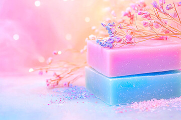 In dreamy pastel tones, handcrafted soap bars adorned with dried flowers showcase the elegance and natural beauty of artisan soap making