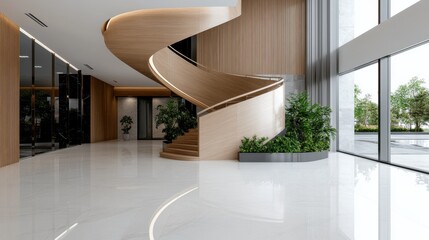 Fototapeta premium A sleek spiral staircase in a luxurious, modern interior with glossy surfaces and lush greenery, exuding sophistication and architectural elegance.