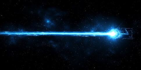 A bright blue beam of light shoots out from a spaceship in the dark expanse of space, with stars in the background.