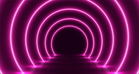 Neon glowing arch tunnel, futuristic room with led corridor, modern background. Vector illustration.