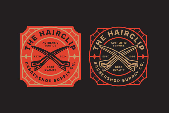 hair clip crossed barber tool retro badge logo design set for barbershop, salon, haircut, shaves, hairdressing, hipster, gentleman, beauty. classic hair cut barber equipment vintage emblem logo