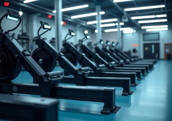 Fototapeta premium Modern rowing machines lined up in a spacious gym during a bright afternoon workout session