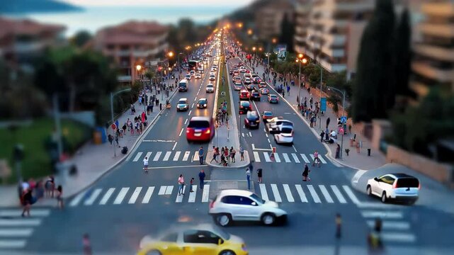 Busy urban intersection photographed with tilt-shift technique creating miniature effect. Traffic flows across zebra crossing with mix of vehicles. Surrounding buildings and trees appear toy-like. 
