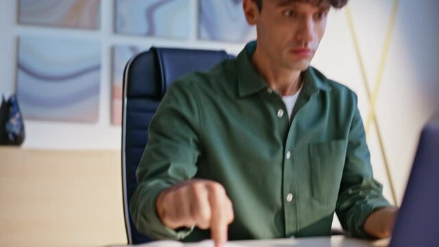 Furious manager quarreling web conference pointing on data in notebook closeup.