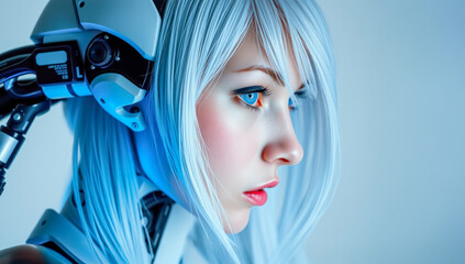 A cyborg woman with white hair and blue eyes.