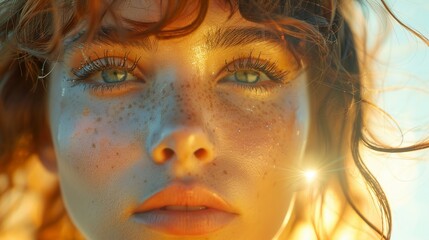 Close-up Portrait of a Woman with Freckles and Golden Sunlight