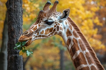 Fototapeta premium Majestic Giraffe Feeding on Green Leaves Surrounded by Autumn Foliage in a Natural Habitat with Vivid Yellow and Orange Background