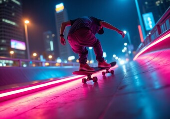 Skateboarder performing tricks at night in a vibrant urban setting with neon lights and modern architecture