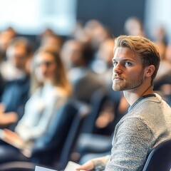 Fototapeta premium Business Symposium Speaker Addressing Audience in Modern Conference Room