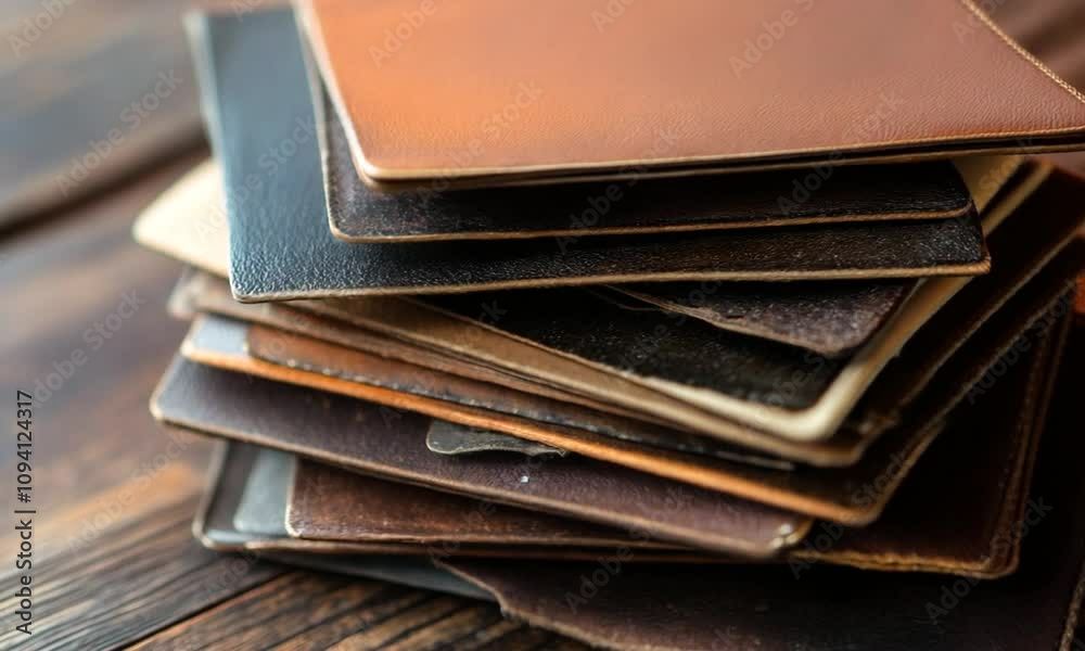 Aufkleber Stack of Diverse Leather Samples on Wooden Surface for Material and Texture Design : Generative AI