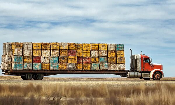 Long Haul Semi Truck Transporting Colorful Cargo Crates on a Highway : Generative AI