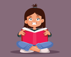 Little Girl Sitting and Reading a Novel Vector Illustration. Happy relaxed little reader holding a novel for her age
