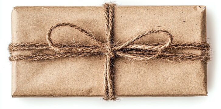 A brown paper package tied with twine.