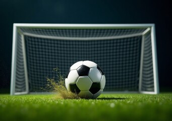 Soccer ball soaring toward the goal in a vibrant green field during a sunny day