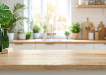Modern Kitchen Table with Light Wood Countertop and Green Plants in Bright Space