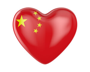 heart with China flag on white background. Isolated 3D illustration