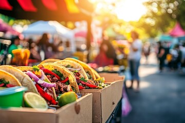 Colorful Street Food Scene Featuring Delicious Tacos in an Outdoor Market at Sunset with Vibrant Tents and People Enjoying the Festivities