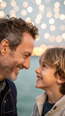 Fototapeta premium Joyful connection between father and son under twinkling lights