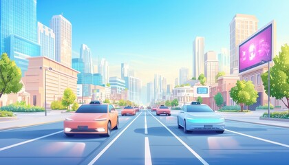 Obraz premium A vibrant city scene featuring colorful cars on a wide road with skyscrapers and billboards under a bright blue sky.