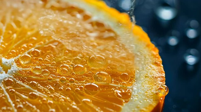 A macro commercial shot captures the vibrant texture and water droplets on a fresh orange slice against a dark background. Hyper-realistic.