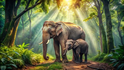 Fototapeta premium Young Elephant and Mother in Serene Forest Setting, Capturing the Bond of Nature's Gentle Giants in Their Natural Habitat, Perfect for Wildlife and Environmental Themes