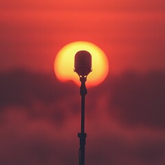 A microphone silhouetted against a vibrant sunset, symbolizing creativity and expression.