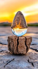 Sunset Reflection in Glass Orb on Wood Stump Dried Earth