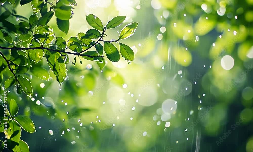 Aufkleber Lush Green Leaves with Rain Droplets Backlit by Soft Sunlight Creating Bokeh Effect : Generative AI