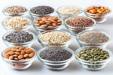 Fototapeta premium Assorted Variety of Nuts and Seeds Displayed in Glass Bowls on White Surface Perfect for Healthy Eating, Nutrition, Cooking and Culinary Backgrounds