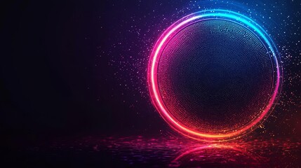 voice speech frequency concept. A vibrant, glowing circular shape in neon colors against a dark background, surrounded by shimmering particles, creating a dynamic and modern visual effect.