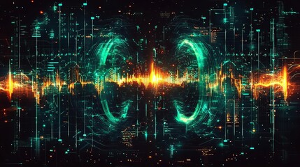 voice speech frequency concept. A vibrant digital visualization of sound waves with futuristic elements, featuring glowing teal and orange patterns against a dark background.