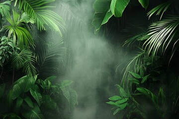 Obraz premium Lush Green Jungle with Dense Foliage and Misty Atmosphere, Perfect for Natural Backdrops, Adventure Themes, and Tranquil Landscapes