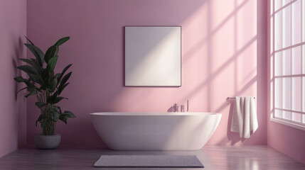 Modern art trendy contemporary bathroom mockup with clean tranquil pink wall framed wall art soaking tub plants bright window dappled light with copy space