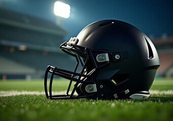 Fototapeta premium Black football helmet resting on grass under stadium lights during a night match
