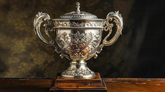 The ornate silver trophy showcases detailed engravings and handles, resting on a polished wooden base. The soft lighting highlights its shiny surface and craftsmanship.