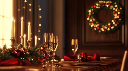 An elegant Christmas dinner table, adorned with gold and red decorations, candles flickering, and a festive wreath hanging on the wall in the background