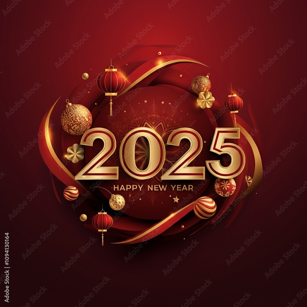Fototapete new year's gold and dark red colors bokeh background with glowing number 2025 and fireworks. happy n
