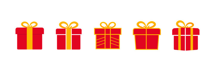 Gift box icon set. Festive present icons set in flat style. Red and yellow gift boxes with decorative ribbons. flat illustration