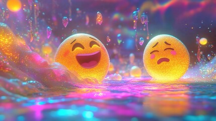 3D Emojis in Glittery Water Illustration