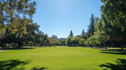 Fototapeta premium A spacious park scene with lush green grass and trees under a clear blue sky.