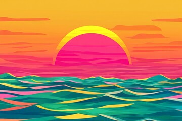 Vibrant Sunset Over Colorful Ocean Waves with Bright Tones and Dramatic Skies Capturing the Beauty of Nature in an Abstract Artistic Style