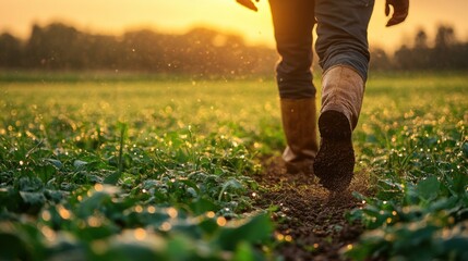 A person walks through a lush green field at sunset, symbolizing agriculture and nature.