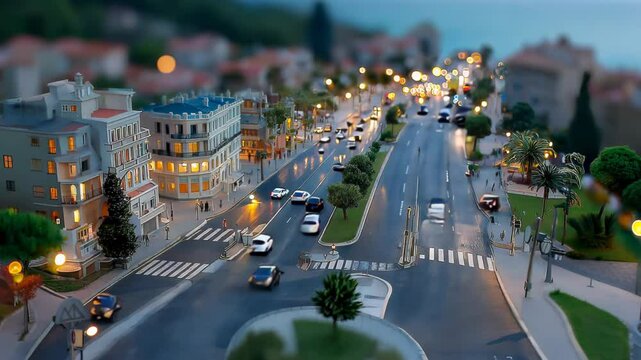 Urban intersection captured with tilt-shift effect creating miniature appearance. Street lights beginning to glow at dusk. Cars and buildings appear toy-like against darkening sky. 