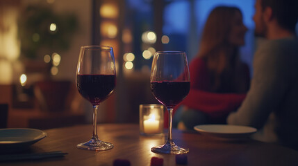 Couple enjoying a romantic evening with wine and candlelight on Valentine's Day