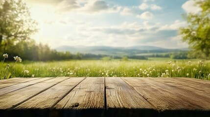 A serene landscape with a wooden surface and a lush green field under a bright sky.