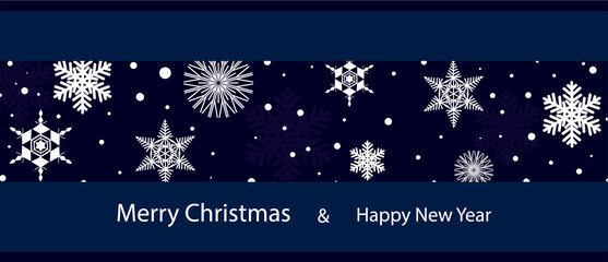 Christmas greeting card with snowflakes in modern line art on blue background. poster, banner, post card, holiday cover, invitation, 