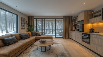 Fototapeta premium Modern Cabin Interior with Forest View